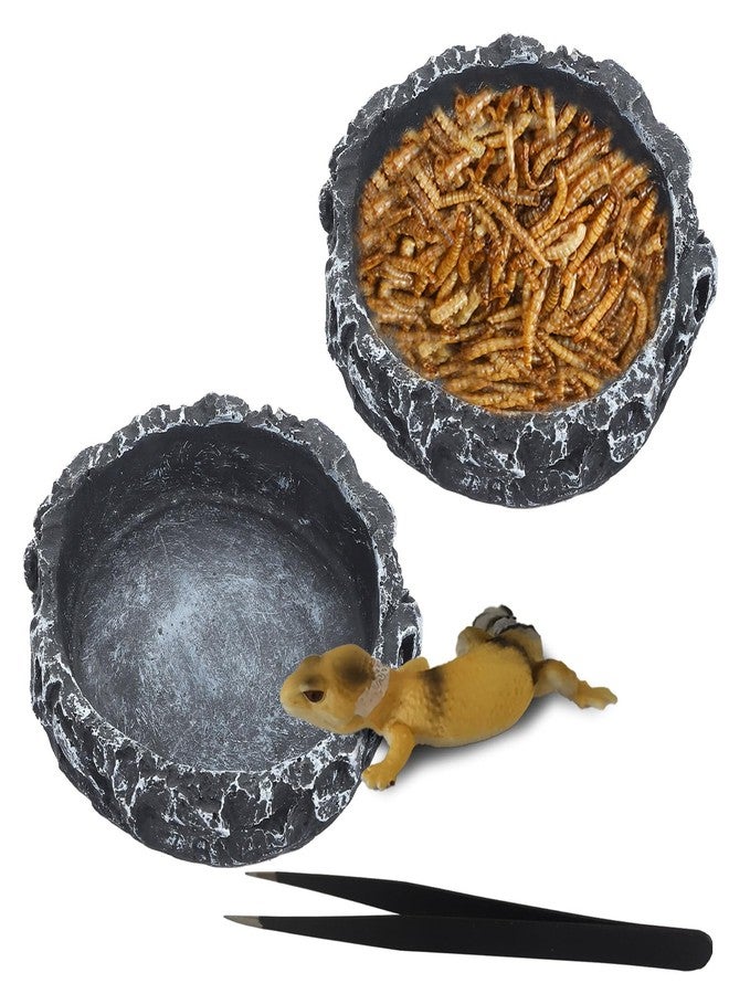 IBWell 2pcs Reptile Water Bowl with Feeding Tweezers - Feeding Dish for Lizard, Snake, Tortoise & Small Animals - Grey Rock - Image 1